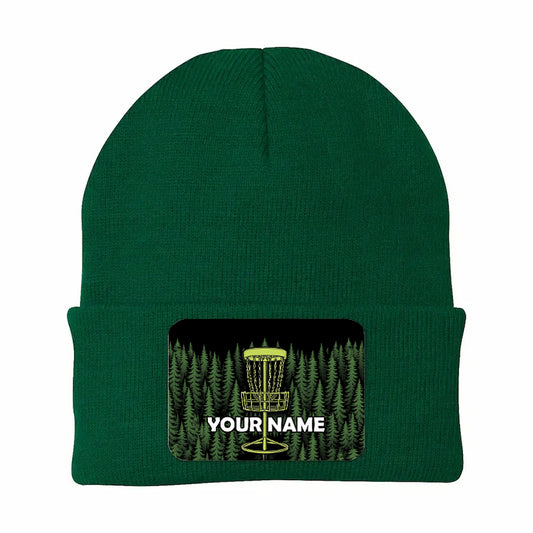 Green Forest Disc Golf basket custom name Rectangle Patch Disc Golf Knit Beanie Hat NQS10802