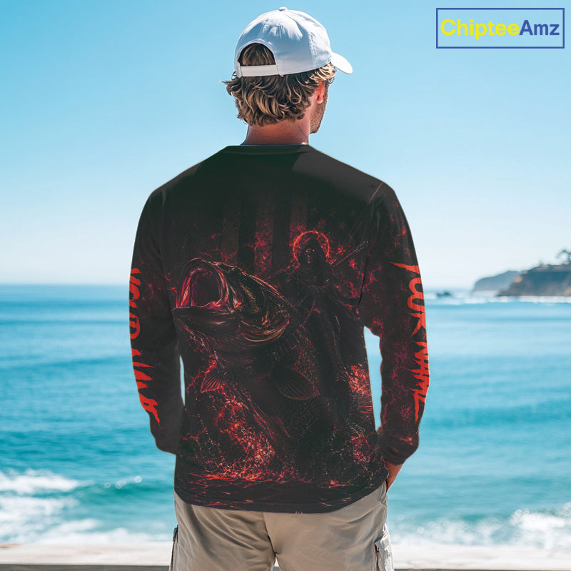 Grim Reaper Bass Fishing Jersey, Largemouth Bass Long Sleeve Performance Fishing Shirt|Red NHT1212
