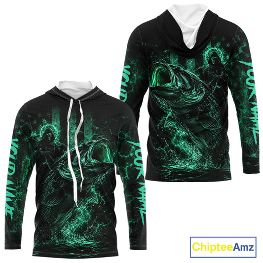 Back view of turquoise hooded fishing shirt made from lightweight polyester with UPF 30+ sun protection.