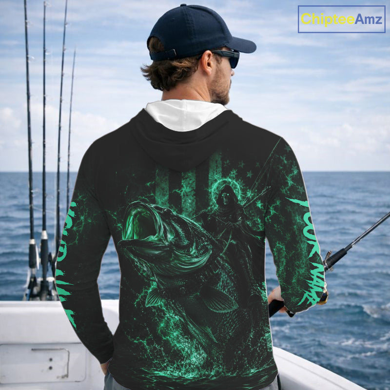 Grim Reaper Bass Fishing Jersey, Largemouth Bass Long Sleeve Hooded Performance Fishing Shirt|Turquoise NHT1213