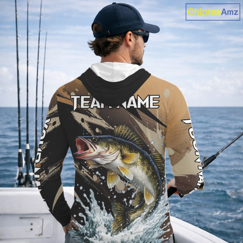 Brown Camo Walleye Fishing Shirts Long Sleeve Hooded, Custom Walleye Performance Fishing Apparel NHT459