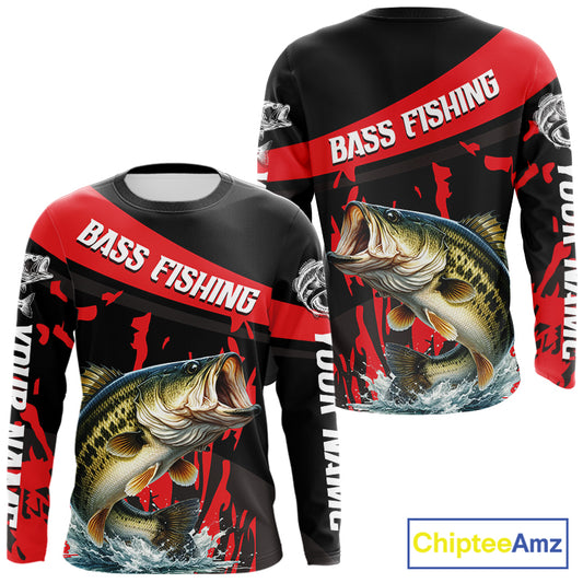 Custom Largemouth Bass Fishing Jerseys, Largemouth Bass Fishing Shirts Long Sleeve For Men|Red NHT725