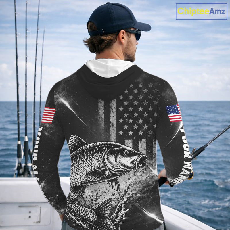 American Flag Bowfishing Shirt With Carp Design, Fishing Shirts Hooded Long Sleeve For Men NHT1369