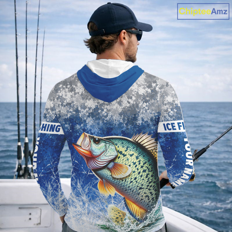 Ice Fishing Shirt With Crappie & Winter Camo Design, Fishing Shirts Hooded Long Sleeve For Men NHT1374