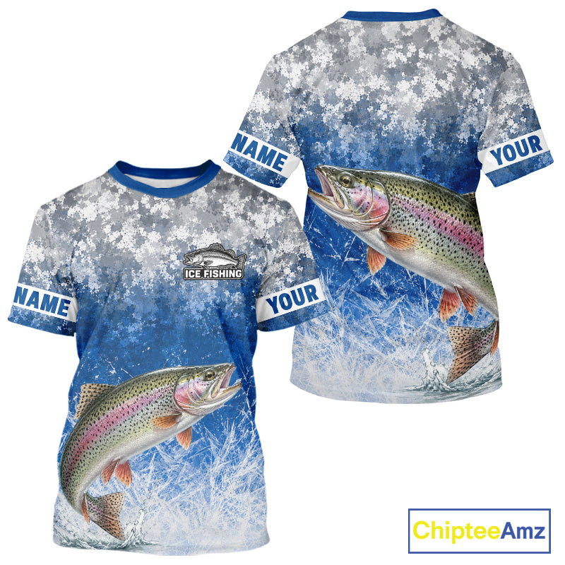 Ice Fishing Shirt With Rainbow Trout & Winter Camo Design, Fishing Shirt Short Sleeve For Men NHT1375