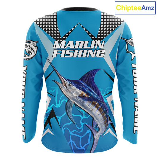 Marlin Fishing Blue Camo Custom Name Long Sleeve, Long Sleeve Fishing Shirt For Men NHT465