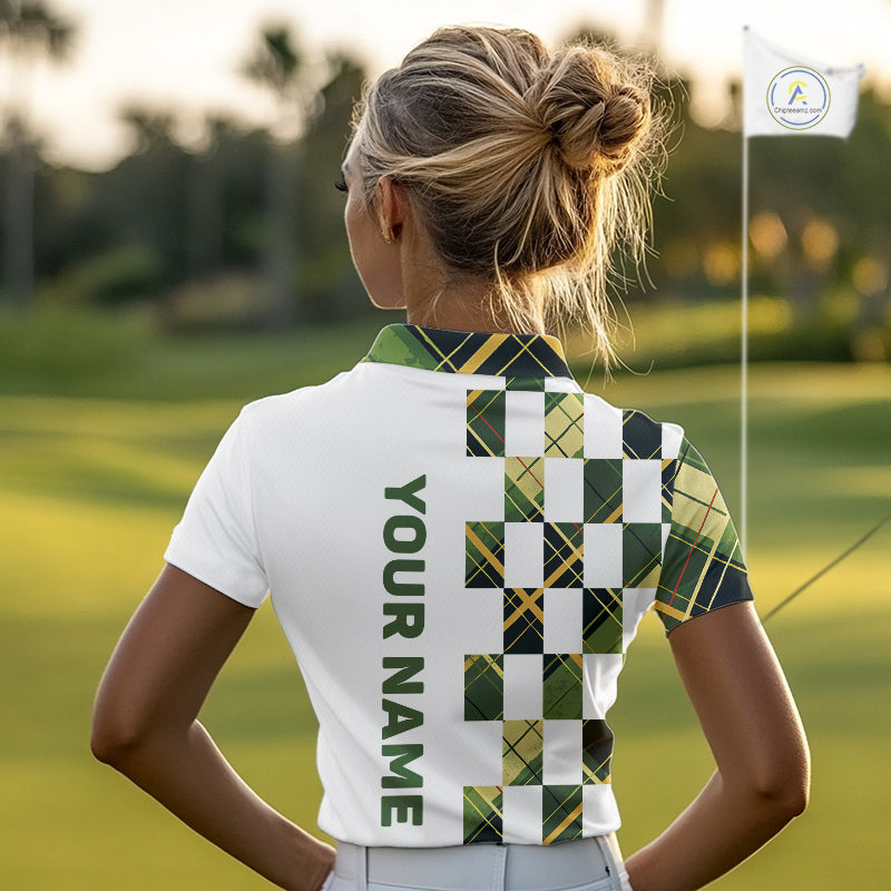 Personalized Green Tartan Plaid Womens Golf Polo Shirt, Custom Name Golf Shirt For Team NHT553