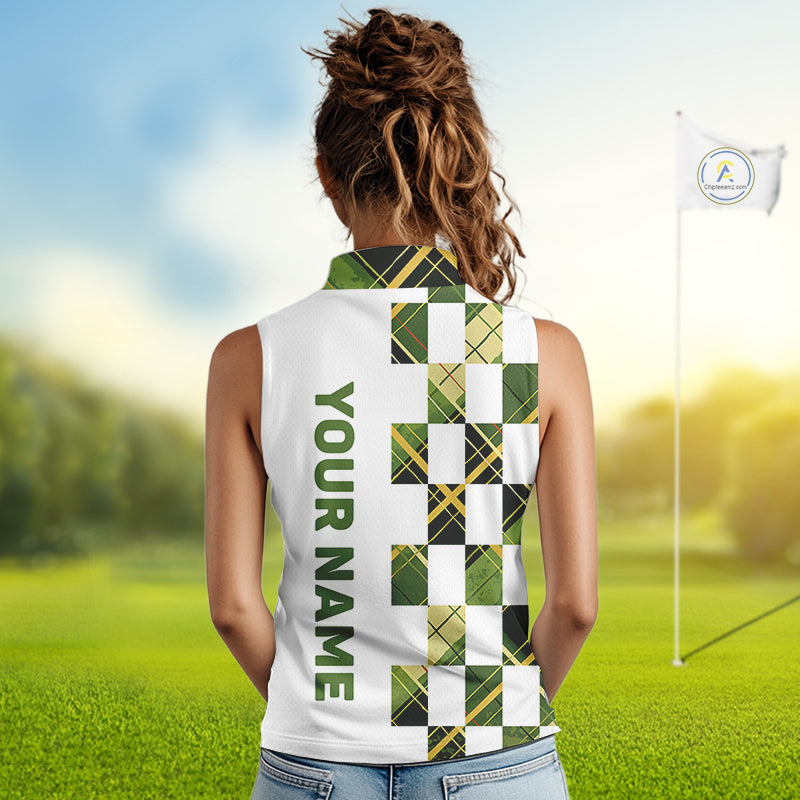 Personalized Green Tartan Plaid Womens Sleeveless Golf Polo Shirt, Custom Name Golf Shirt For Team NHT553
