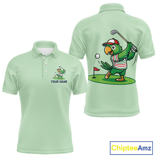 Personalized Mens Golf Polo Shirt Custom Name Funny Green Parrot Design|Green