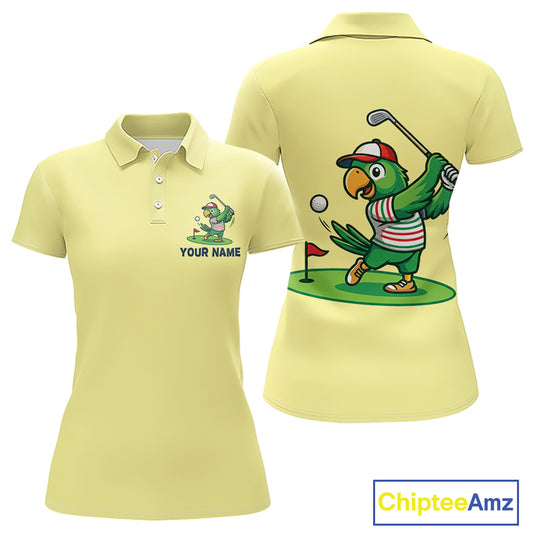 Personalized Womens Golf Polo Shirt Custom Name Funny Green Parrot Design|Yellow