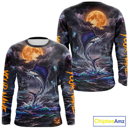 A long-sleeve crewneck shirt shown from both front and back, featuring an all-over Halloween-themed print with a jumping marlin, stormy ocean waves, a large orange moon, ships, and orange vertical text on the sleeves. A ChipteeAmz logo appears in the bottom right corner.