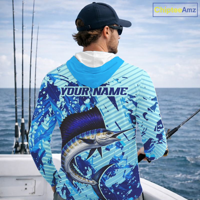 Custom Sailfish Saltwater Fishing Jerseys, Sailfish Hooded Fishing Shirts Long Sleeve For Men NHT617