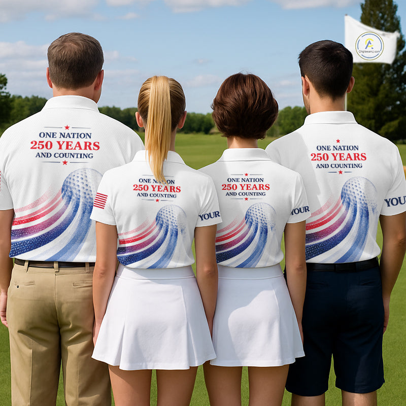 Four people wearing shirts with 'One Nation 250 Years and Counting' on a golf course.
