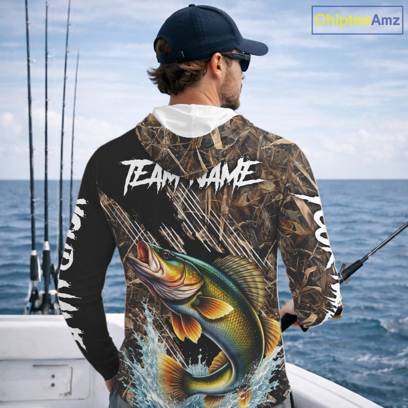 Walleye Fishing Shirts Long Sleeve Hooded Camouflage For Men, Walleye Fishing Apparel NHT434