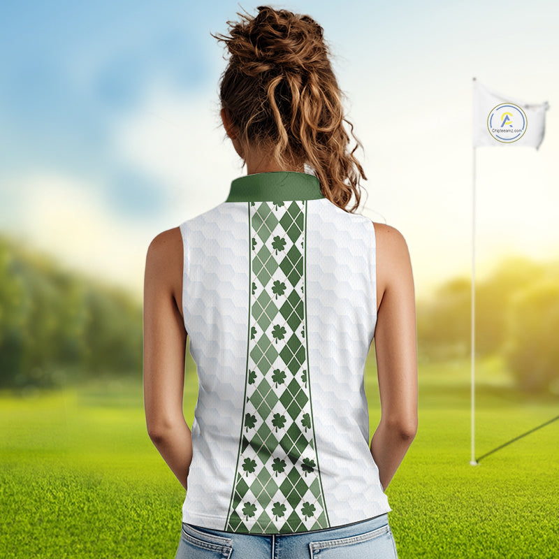 White & Green Irish Argyle Womens Sleeveless Golf Polo Shirt St Patrick Day For Family Team Shirt NHT724