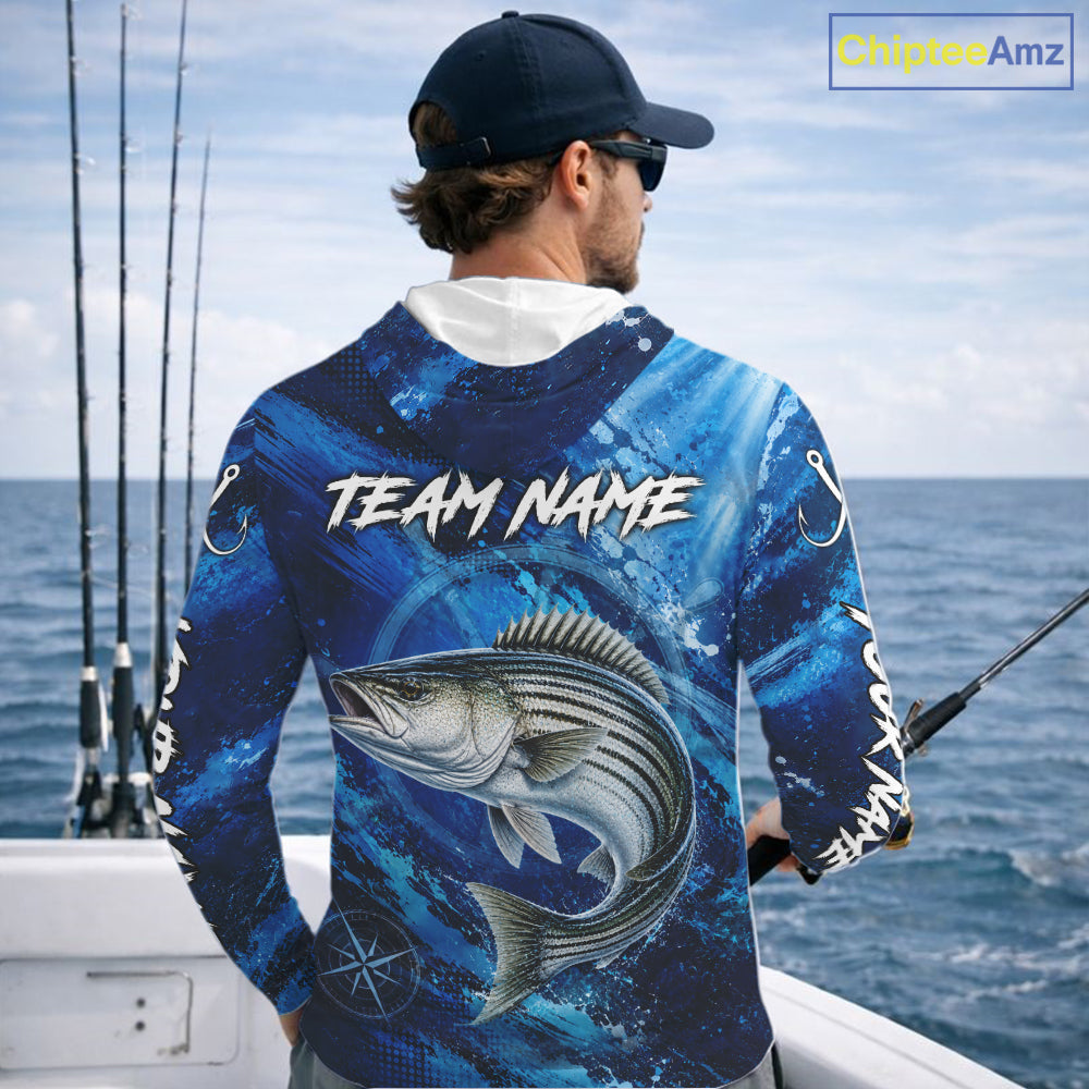 Custom Striped Bass Fishing Jersey, Personalized Long Sleeve Hooded Performance Fishing Shirt NHT1223