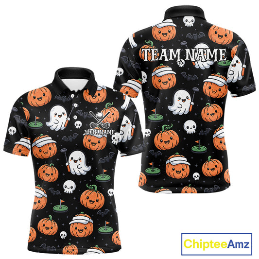 A black short-sleeve polo shirt with a Halloween-themed all-over print, shown from both front and back views. The print features orange pumpkins, white ghosts, skulls, and small green golf balls on a black background.