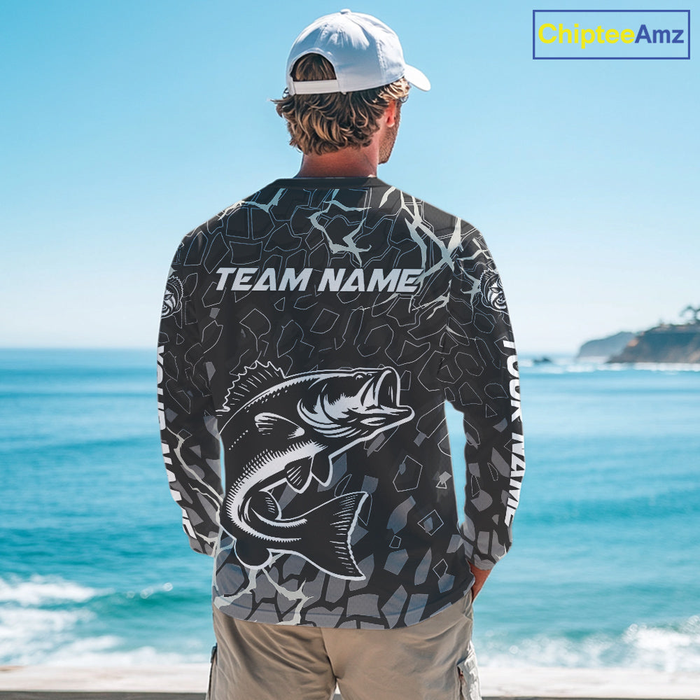 Custom Bass Fishing Black Camo Long Sleeve Fishing Shirts, Personalized Bass Fishing Jerseys NHT507