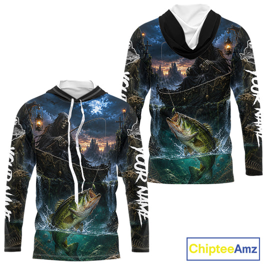 Grim Reaper Fishing Jersey, Largemouth Bass Long Sleeve Hooded UV Performance Shirt For Men