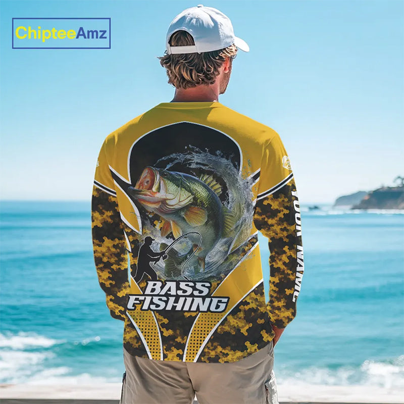 Personalized Bass Fishing Shirts Long Sleeve, UV Protection Shirt Customize Name Fishing | Yellow NHT396
