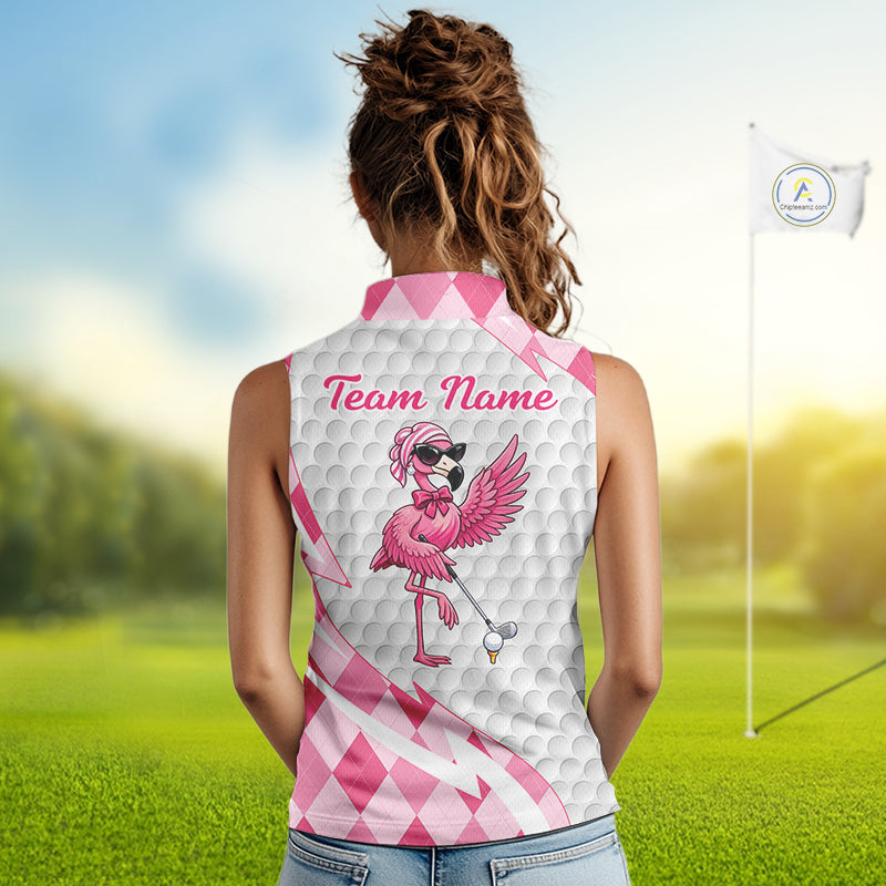 Pink Argyle Plaid Pattern Funny Flamingo Golf Wine Sleeveless Womens Golf Polos Shirt Custom Funny Golf Shirt For Ladies NHT738