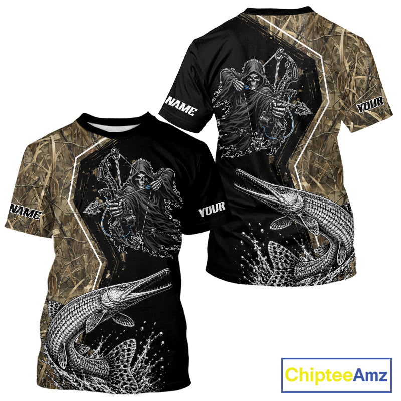 Bowfishing Shirt With Grim Reaper & Alligator Gar Fish Camo Design, Fishing Shirts Short Sleeve For Men NHT1372