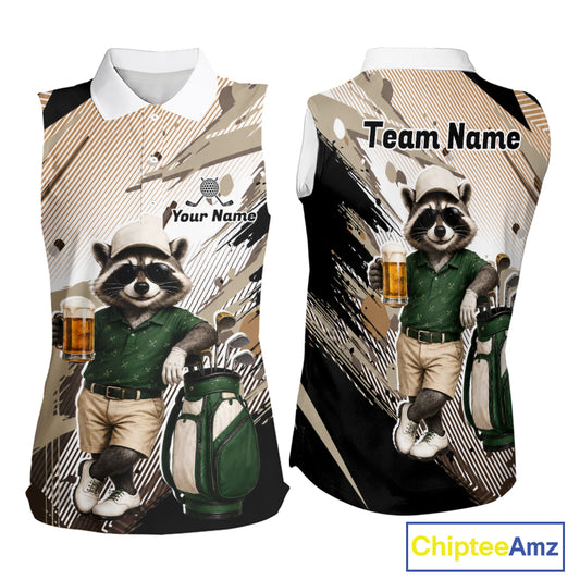 Custom Beige Funny Raccoon Golf Team Shirt For Womens, Womens Sleeveless Golf Jersey Polo Shirt Outfit NHT937
