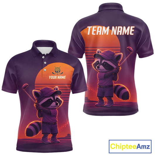 Personalized Raccoon Golf Shirt - Retro Sunset Golf Polo Shirt For Men