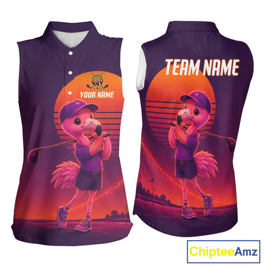 Personalized Flamingo Golf Shirt - Retro Sunset Womens Sleeeveless Golf Polo Shirt