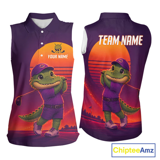 Personalized Alligator Golf Shirt - Retro Sunset Womens Sleeeveless Golf Polo Shirt