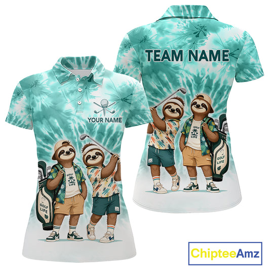 Funny Sloth Golf Polo Shirt For Womens – Blue Tie Dye Custom Name Golf Shirt, Golf Gift NHT880