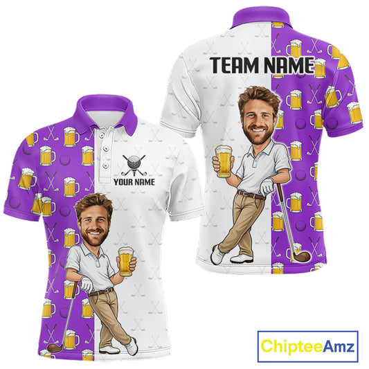 Custom Golf Polo With Face Funny Golfer Beer Lover Gift For Men|Purple