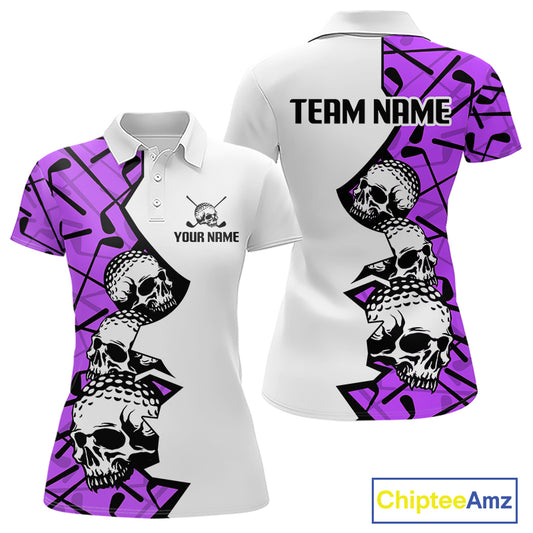 Custom Skull Womens Golf Polo Shirt Personalized Name, Golf Team Polo Jersey| Purple