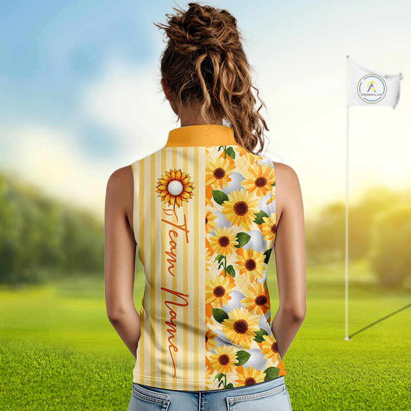 Personalized Sunflower Womens Sleeveless Golf Polo Shirt Custom Name Golf Ball Floral Polo Shirt