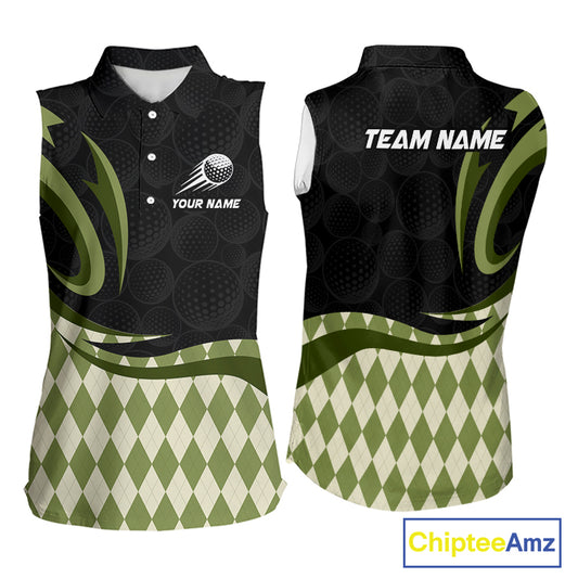 Personalized Womens Sleeveless Golf Polo Shirt Custom Name, Black Green Argyle Golf Team Polo