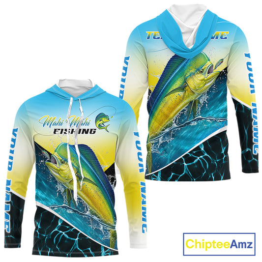 A long-sleeve hooded shirt shown from two angles on a white background, featuring a large printed mahi-mahi fish graphic, blue and yellow gradient sleeves and torso, and vertical 'Tournament' text. A ChipteeAmz logo appears in the bottom right corner.