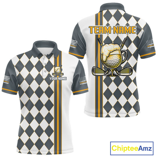 Personalized Mens Golf Polo Shirt Beer And Golf Ball Graphic Custom Team Name Golf Jersey|White