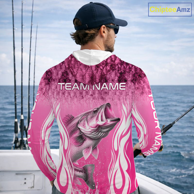 Personalized Team Bass Fishing Shirt - Long Sleeve Hooded Tournament Fishing Apparel|Pink