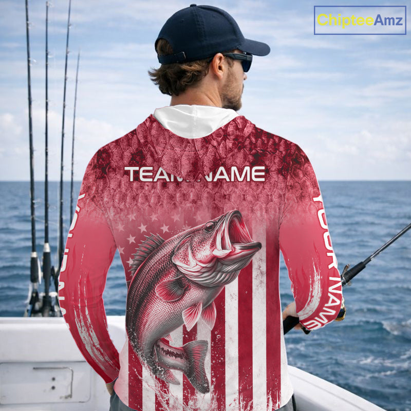 Custom Bass Fishing Shirt 3D Personalized Team Name Long Sleeve Hooded UV Protection Fishing Jersey|Red