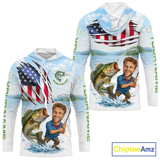 Personalized Bass Fishing Shirts Long Sleeve Hooded Custom Face Bass Fishing Patriot Shirt NHT604