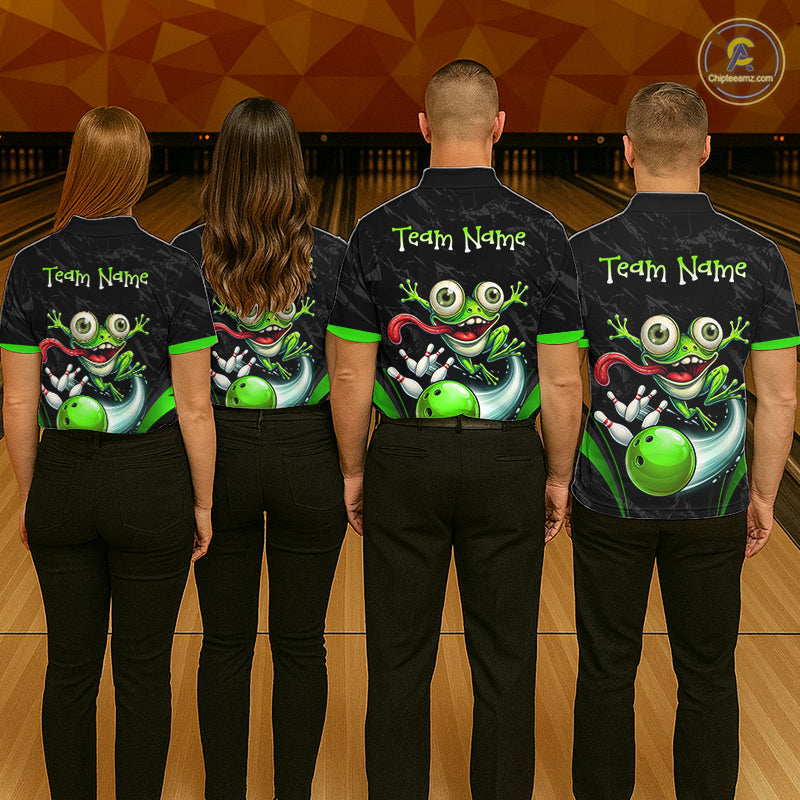 Funny Frog Bowling Polo Shirt 1/4 Zip Personalized Custom Name Green Bowling Ball Jersey For Women NHT1297