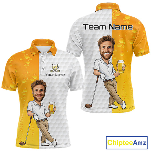 Personalized split-color golf polo shirt shown from front and back on a white background. The shirt has a yellow-to-white vertical split with a golf ball dimple pattern, water droplets, and a cartoon golf player holding a beer.