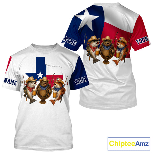 Funny Cowboy Trout, Flounder, Redfish Texas Flag Fishing T-Shirt Apparel|White