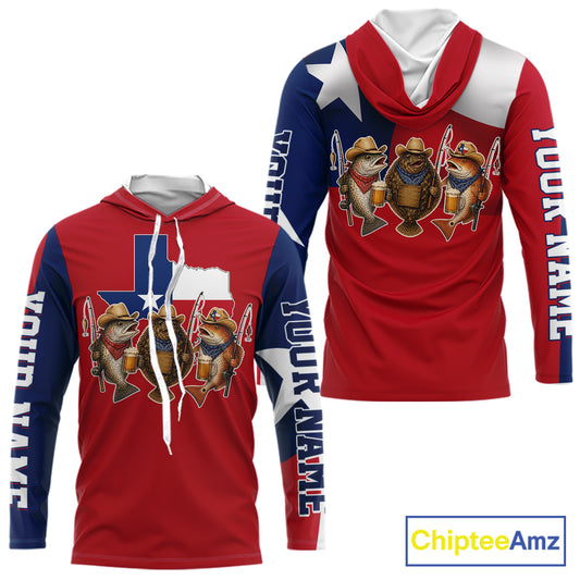 Funny Cowboy Trout, Flounder, Redfish Texas Flag Long Sleeve Hooded Fishing Shirts Apparel