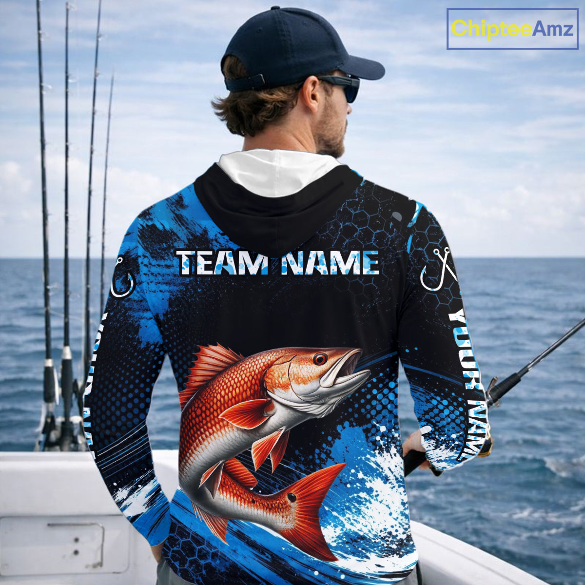 Custom Redfish Fishing Jersey, Personalized Team Name Long Sleeve Hooded Performance Fishing Shirt For Men NHT1225