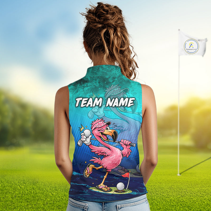 A woman viewed from behind wearing a sleeveless collared athletic top with a colorful cartoon flamingo graphic and the words 'TEAM NAME' across the back, standing on a golf course with a flag in the background.