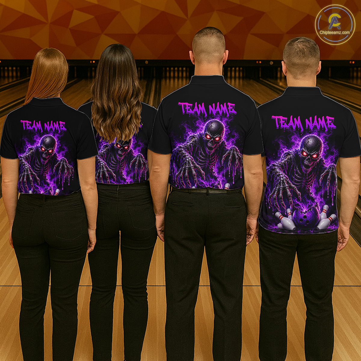 Personalized Men Bowling Jersey Custom Name Team Name Purple Skeleton Bowling Polo Shirt Tournament Gift NHT1317