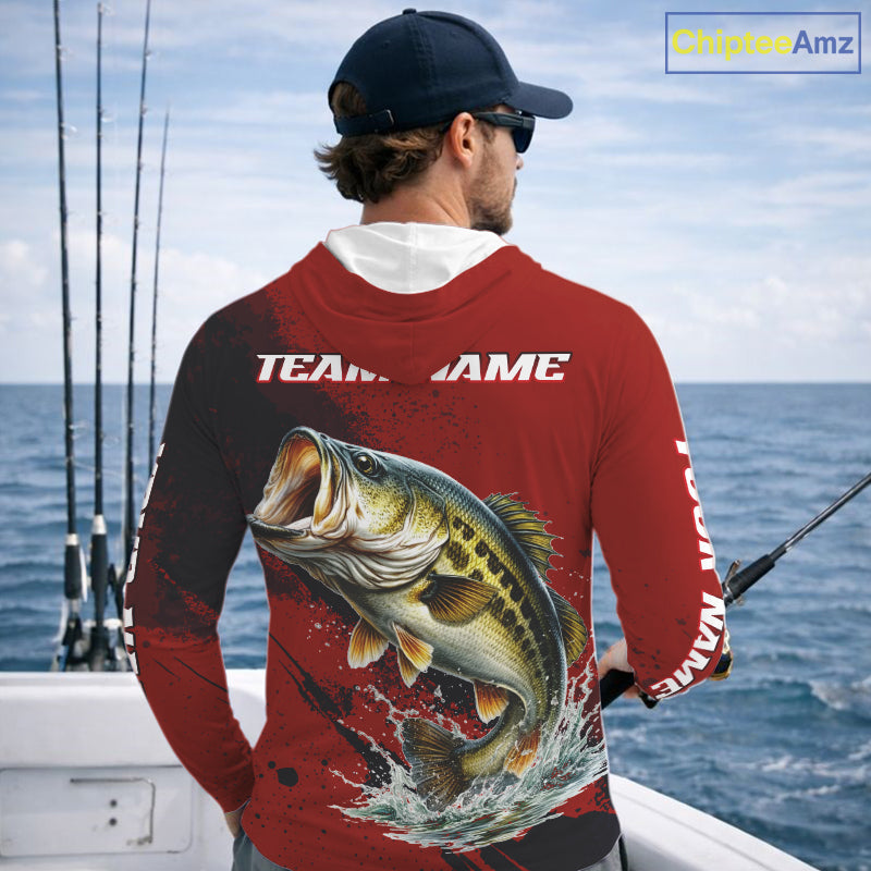 Bass Fishing Red Camo Custom Name UV Protection Fishing Shirts Long Sleeve Hooded For Men NHT528