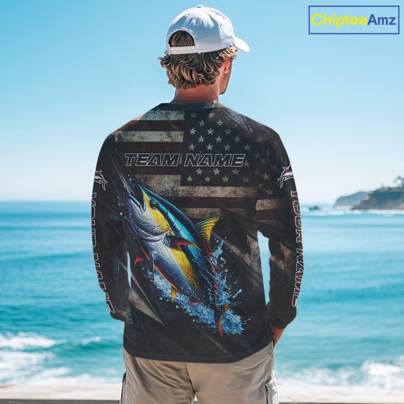 Patriotic Tuna Fishing Jerseys, Personalized American Flag Tuna Fishing Shirts Long Sleeve NHT581