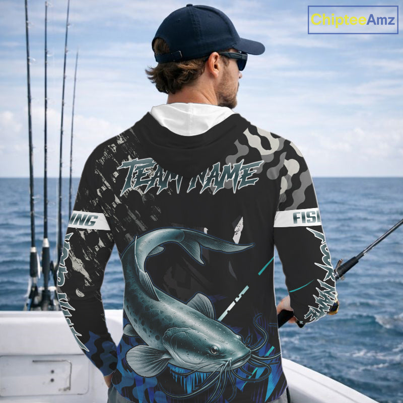 Black Camo Custom Catfish Fishing Shirts Long Sleeve Hooded, Catfish Fishing Jerseys For Men NHT499